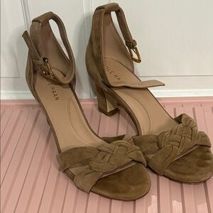 Cole Haan Braided Suede Ankle Strap Heels in Tan